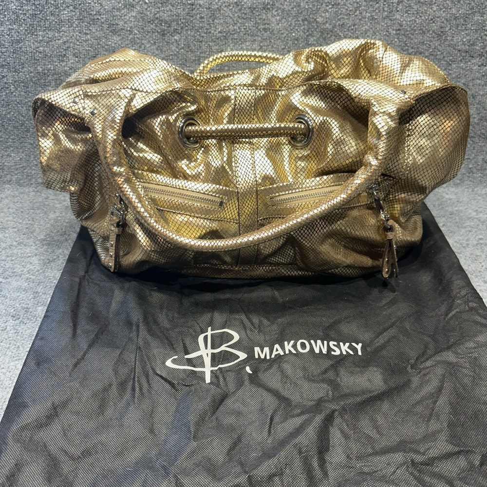 B. Makowsky Metallic Gold Snake Embossed Leather Hobo Bag PY0106
